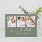 Elegant Script Sage Green 3 Photo Collage Save The Date (Staand voorkant)