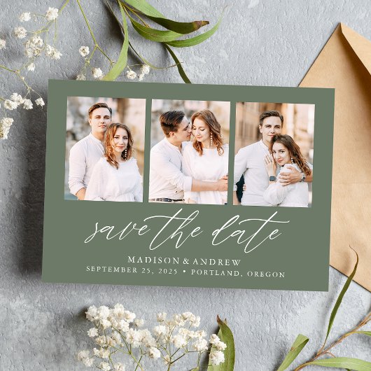 Elegant Script Sage Green 3 Photo Collage Save The Date