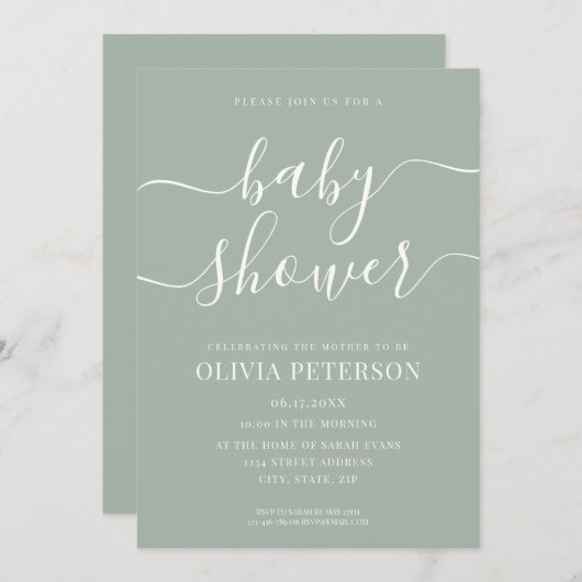 Elegant Script Sage Green Baby shower Kaart (Voorkant / Achterkant)