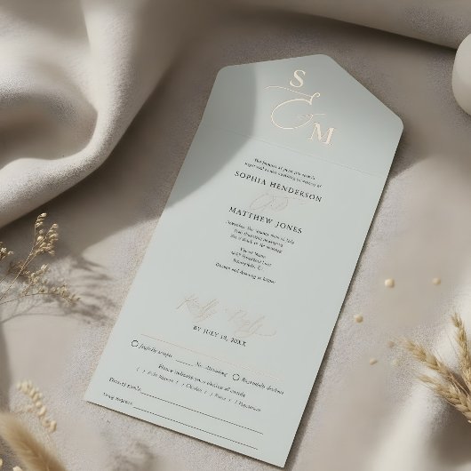 Elegant script Sage Green minimalistische bruiloft All In One Uitnodiging