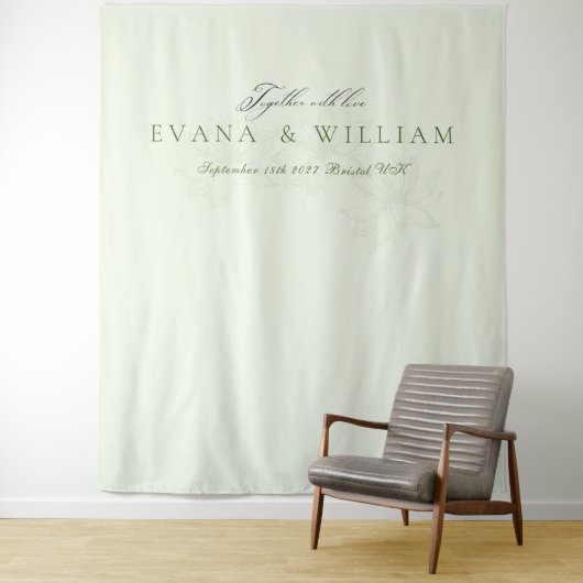 Elegant script Sage Green wedding backdrop Wandkleed (In situ)