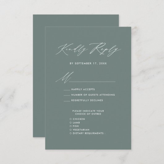 Elegant Script Sage Groen Minimalistisch Bruiloft  RSVP Kaartje (Voorkant / Achterkant)
