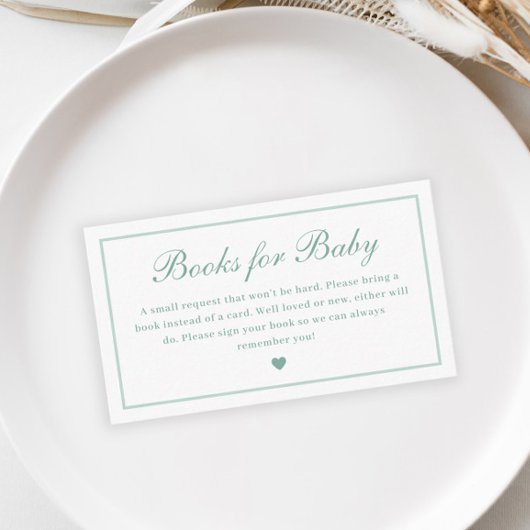 Elegant Script Sage Groene Boeken voor Baby shower Informatiekaartje