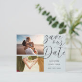 Elegant Script Save Our Date Dusty Blue Photo Aankondigingskaart (Staand voorkant)