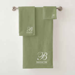 Elegant Script Serif Monogram Sage Green Bad Handdoek