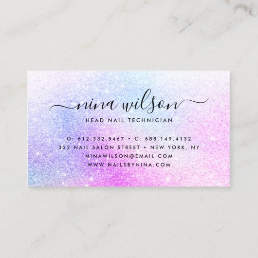 Elegant script signature holographic roze glitter visitekaartje (Achterkant)