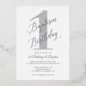 Elegant Script Silver Baby 1st Birthday & Baptisme Folie Uitnodiging (Voorkant)