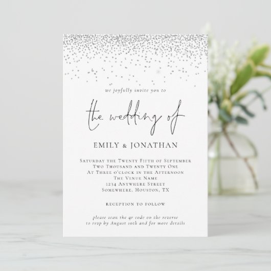 Elegant Script Silver Glitter QR Code Weddenschap  Kaart (Staand voorkant)