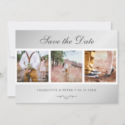 Elegant Script Silver Wedding 3 Foto Save The Date (Voorkant)