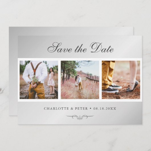 Elegant Script Silver Wedding 3 Foto Save The Date (Voorkant / Achterkant)