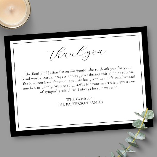 Elegant Script Simple Black Funeral Dank je kaart