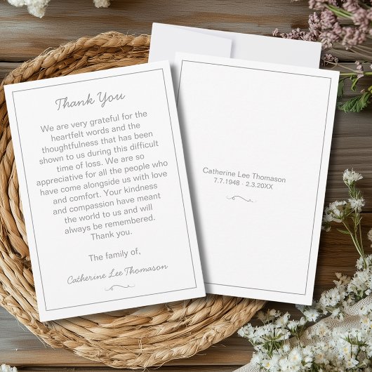 Elegant Script Simple Funeral Flat Thank You Card Bedankkaart