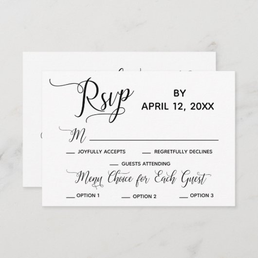 Élégant Script Simple Options de menu Mariage RSVP (Devant / Derrière)