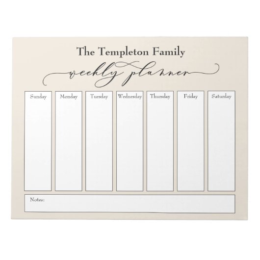 Elegant Script Simple Weekly Planner, Cream Notitieblok (Voorkant)