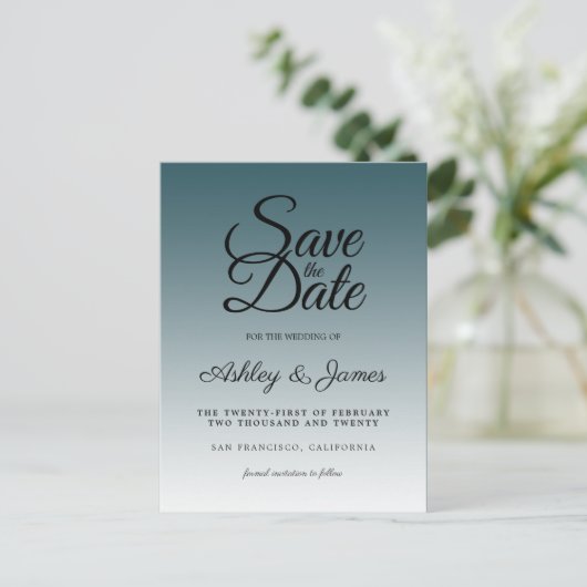 Elegant Script Sla de datum Emerald Ombre op Aankondigingskaart (Staand voorkant)