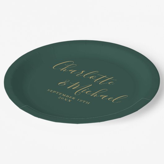 Elegant Script Smaragd Groen en Gouden Bruiloft Papieren Bordje (Gekanteld)