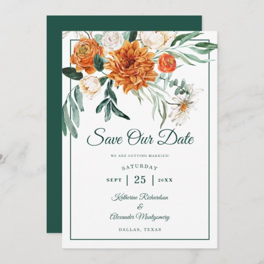 Elegant Script Smaragd Groen Herfst Bloemen Bruilo Save The Date (Voorkant / Achterkant)