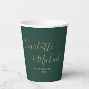 Elegant Script Smaragdgroen En Gouden Bruiloft Papieren Bekers