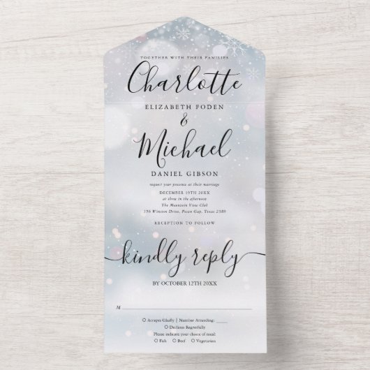 Elegant Script Sneeuwvlokken Winter Bruiloft All In One Uitnodiging (Binnen)