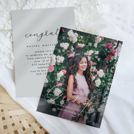 Elegant Script Soft Grey Graduation Party Foto Kaart