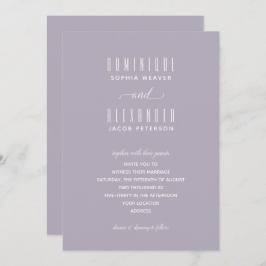 Élégant Script Soft Lilac Mariage Invitations (Devant / Derrière)
