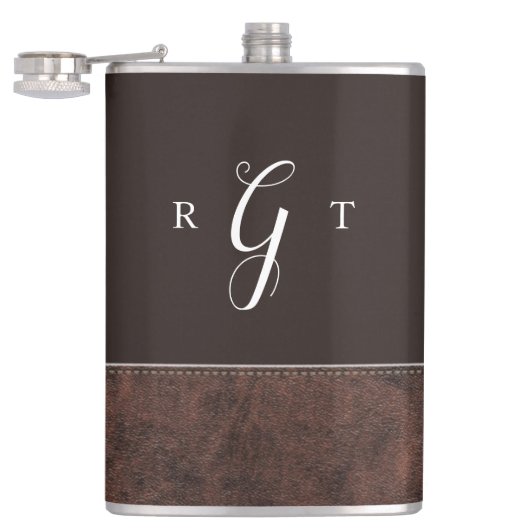 Elegant Script Speciaal Monogram bruin leder Heupfles (Geopend)