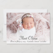 Elegant Script Stats Photo Collage Baby Girl Birth Aankondiging (Voorkant)