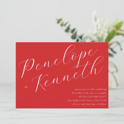 Elegant script Stijlvolle rode kerst bruiloft Kaart (Staand voorkant)