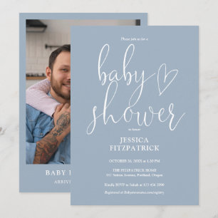 Elegant Script Stofblauw Foto Baby Shower Kaart