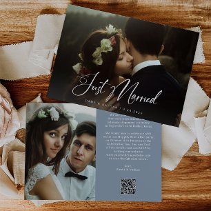 Elegant Script Stofblauw QR Code Net Getrouwd Kaart
