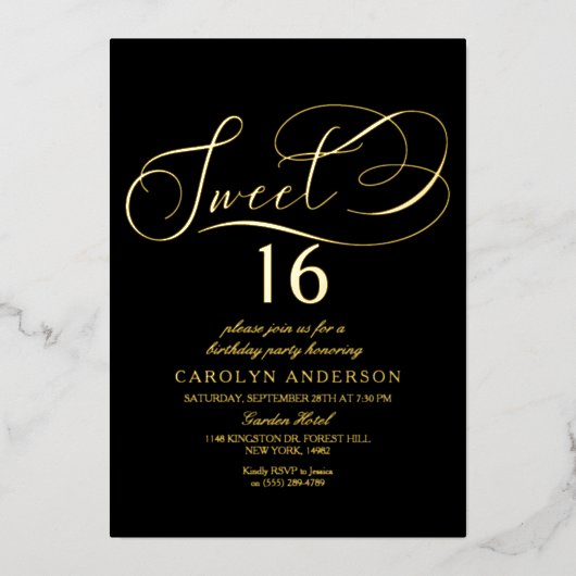 Elegant Script Sweet 16 Birthday Real Folie Uitnodiging (Voorkant)