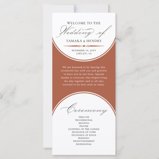 Élégant Script Terracotta Arch Wedding Programme (Devant)