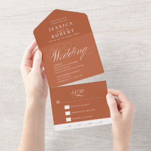 Elegant Script Terracotta Rust Calligraphy Wedding All In One Uitnodiging