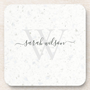 Elegant Script Terrazzo Stone Ivory Gray Monogram Bier Onderzetter