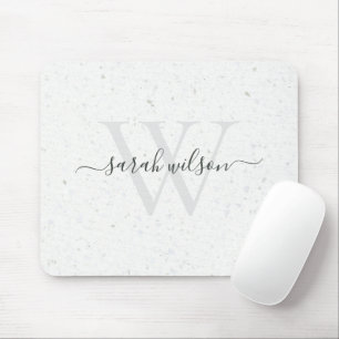 Elegant Script Terrazzo Stone Ivory Gray Monogram Muismat