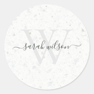 Elegant Script Terrazzo Stone Ivory Gray Monogram Ronde Sticker
