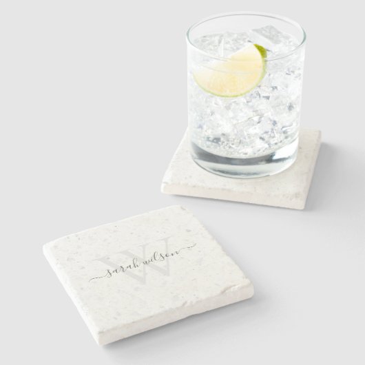 Elegant Script Terrazzo Stone Ivory Gray Monogram Stenen Onderzetter (Zijkant)