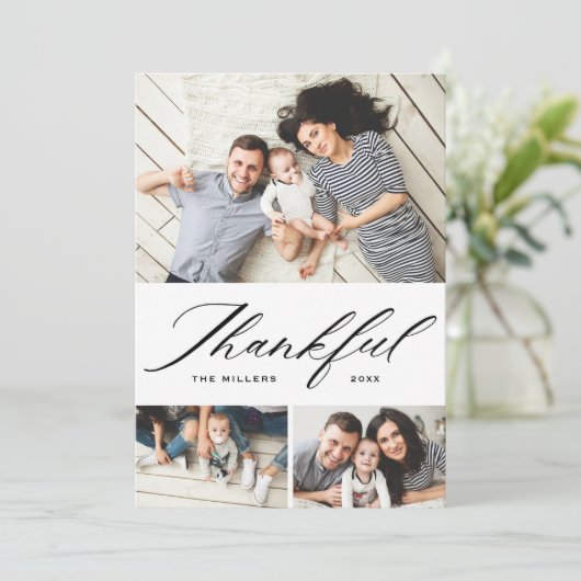 Elegant Script Thankful Photo Collage Thanksgving Feestdagenkaart (Staand voorkant)