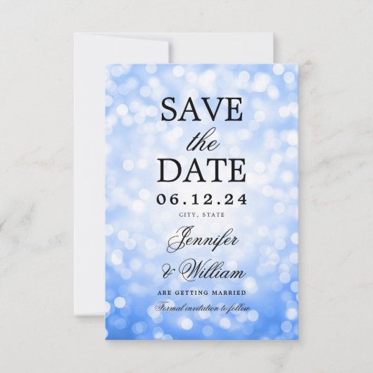 Elegant Script Trouwen Navy Blue Bokeh Lights Save The Date (Voorkant)