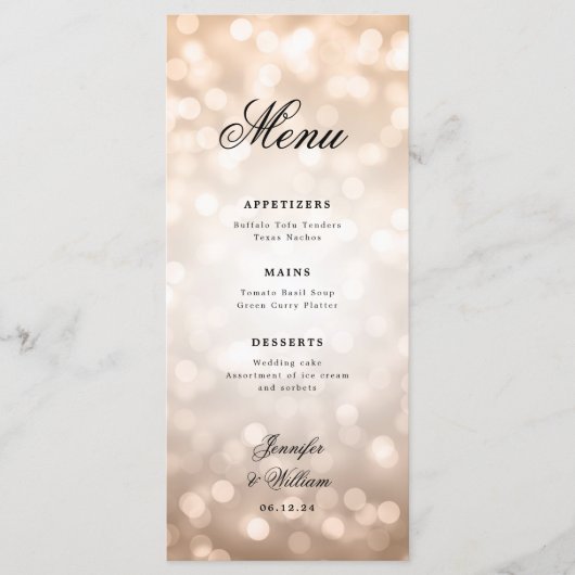 Elegant Script Trouwen Roos Gold Bokeh Lights Menu (Voorkant)