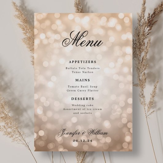 Elegant Script Trouwen Roos Gold Bokeh Lights Menu