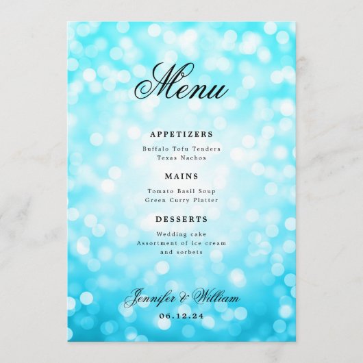 Elegant Script Trouwen Turquoise Bokeh Lights Menu (Voorkant)