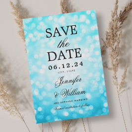 Elegant Script Trouwen Turquoise Bokeh Lights Save The Date