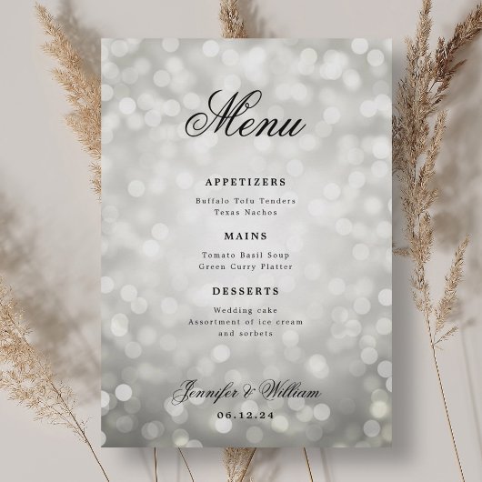 Elegant Script Trouwen Zilveren Bokeh Lights Menu