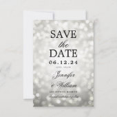 Elegant Script Trouwen Zilveren Bokeh Lights Save The Date (Voorkant)
