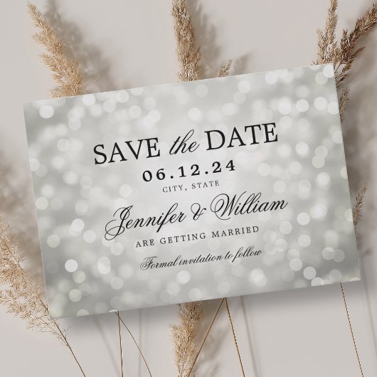 Elegant Script Trouwen Zilveren Bokeh Lights Save The Date