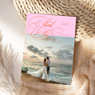 Elegant Script Trouwfoto Oranje Roze Bedankkaart
