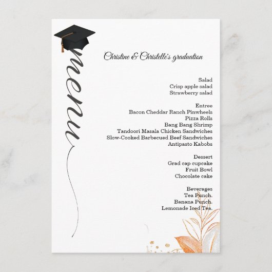 Elegant Script Twins Graduation party diner menu (Voorkant)