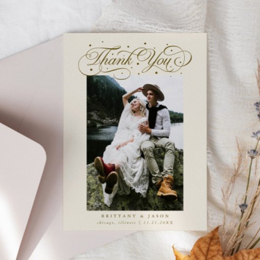 Elegant Script Typography Dots Wedding Photo Beige Bedankkaart