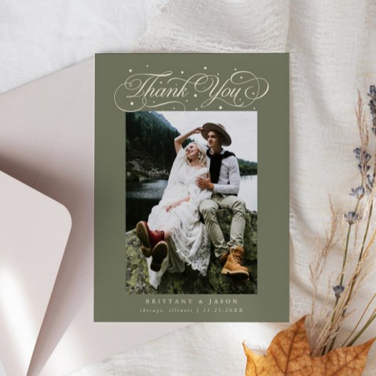 Elegant Script Typography Dots Wedding Sage Green Bedankkaart